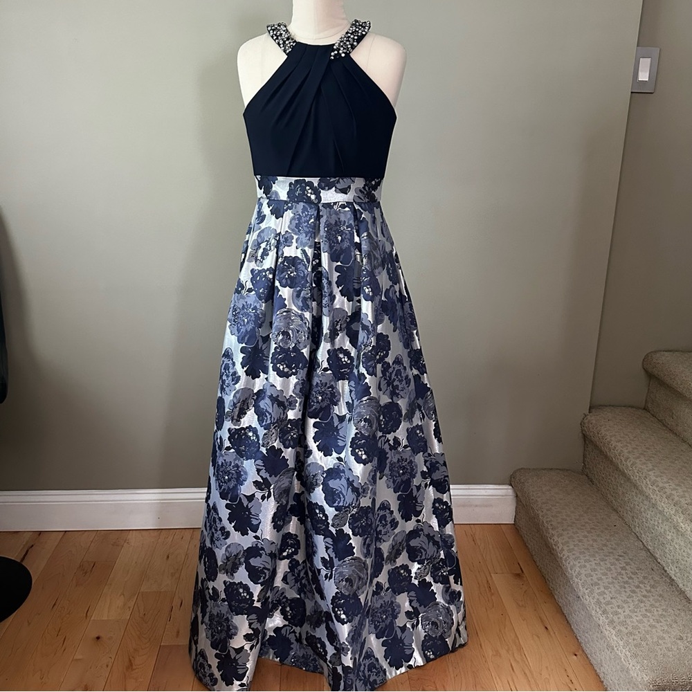 Eliza J Gown with Navy Sparkle Top and Floral Skirt - Size 2